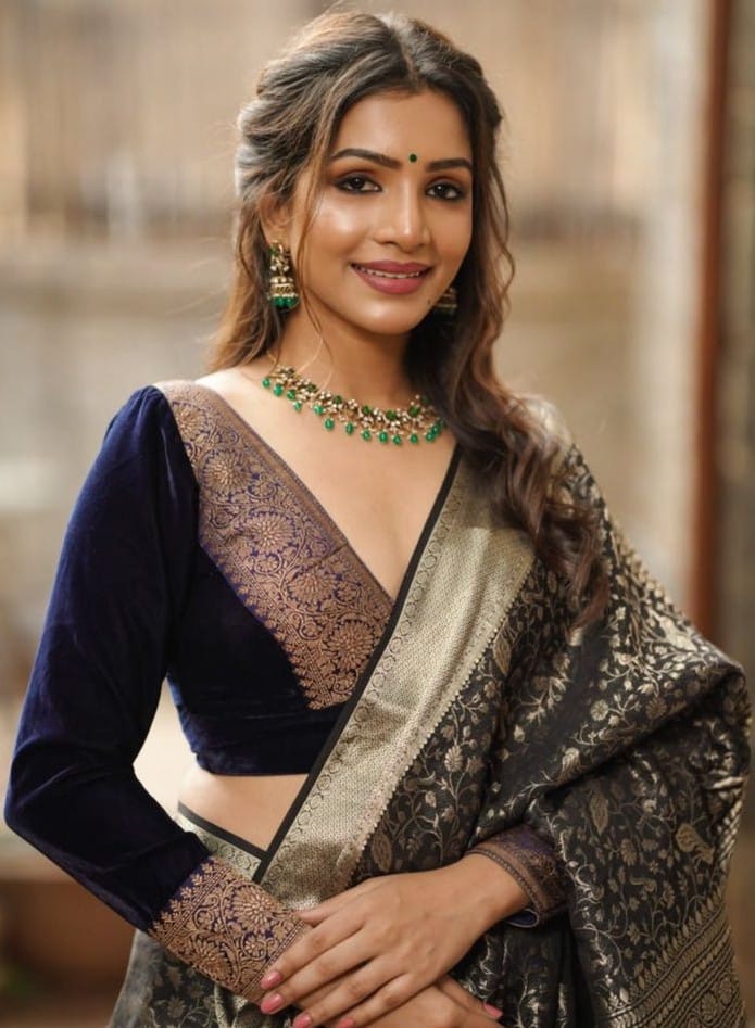 Deep V-Neck Jacquard Designer Blouse with Back Knot Detail