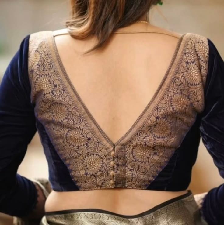 Deep V-Neck Jacquard Designer Blouse with Back Knot Detail