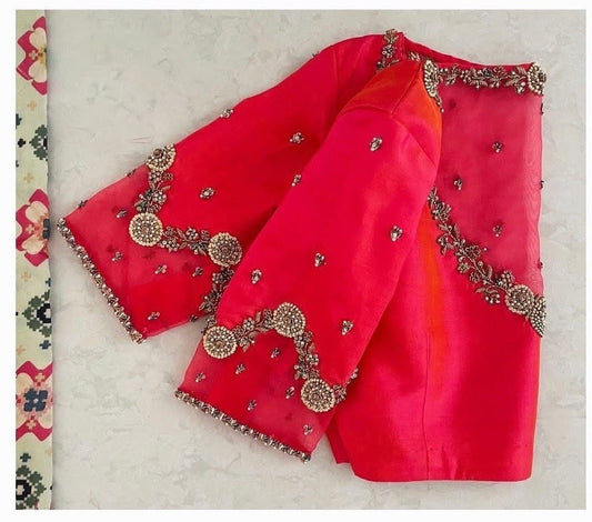 Hot Pink Silk Blouse with Sheer Embroidered Yoke & Zari Work Sleeves