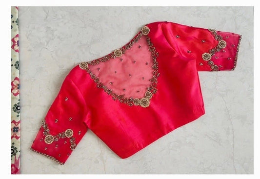 Hot Pink Silk Blouse with Sheer Embroidered Yoke & Zari Work Sleeves