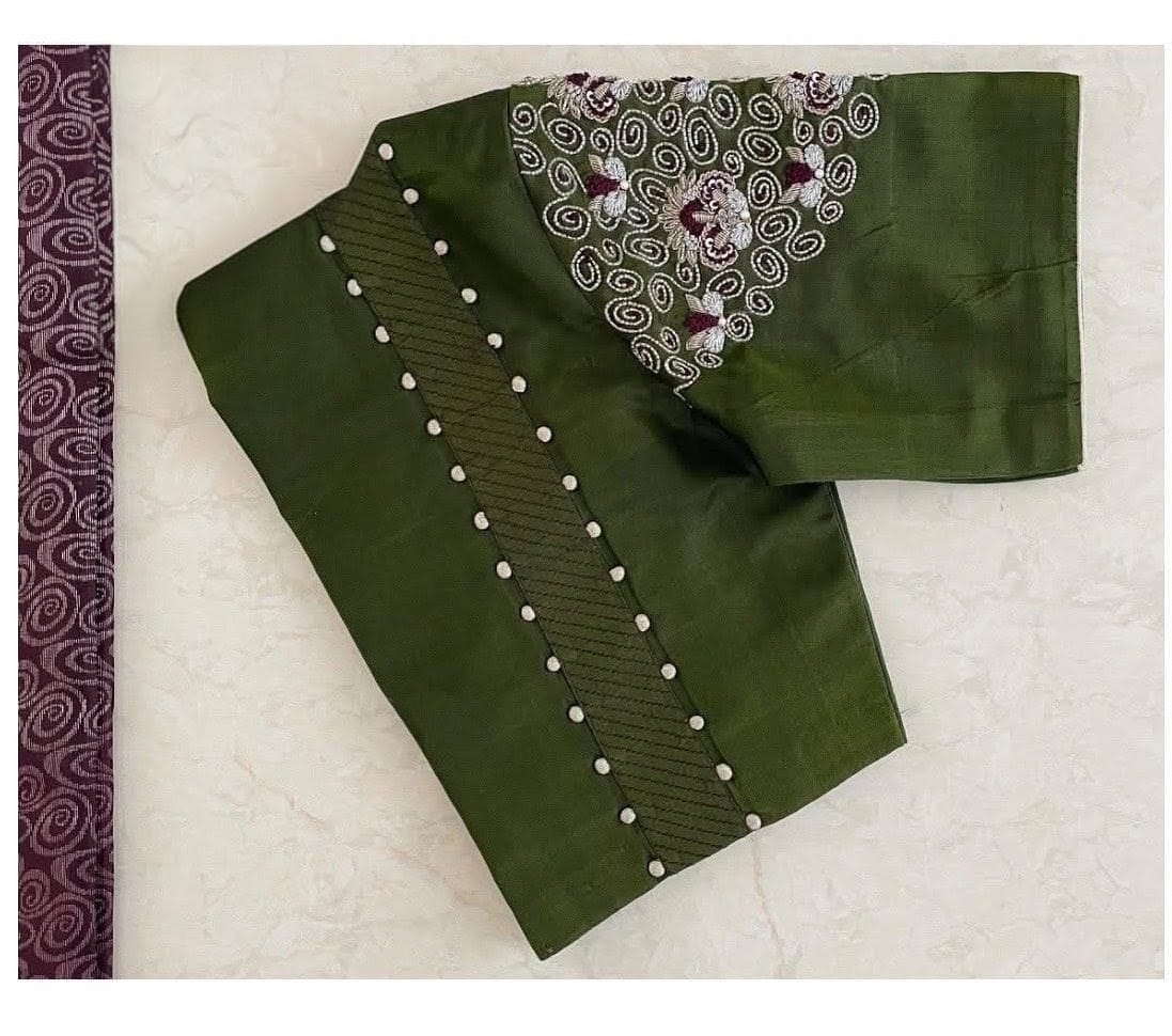 Olive Green Embroidered Silk Blouse with Elbow Sleeves & Pearl Detailing