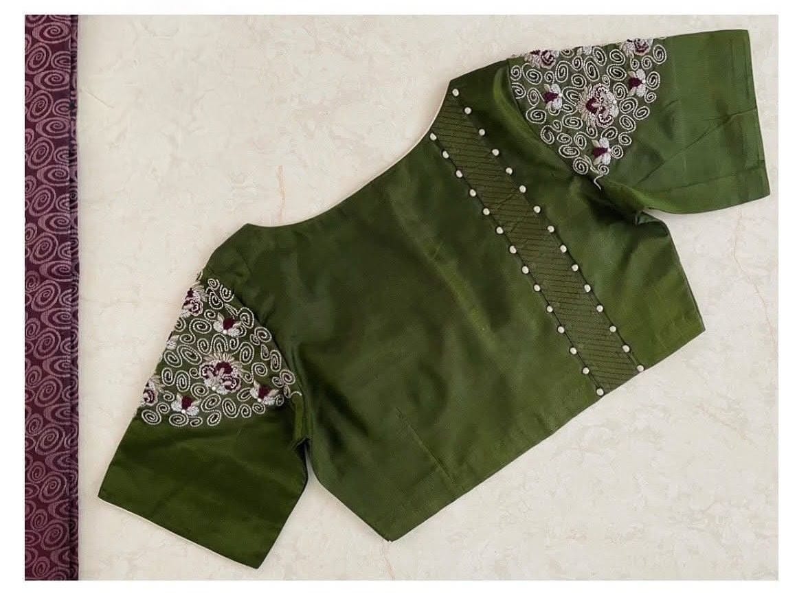 Olive Green Embroidered Silk Blouse with Elbow Sleeves & Pearl Detailing