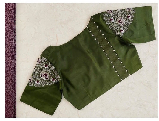 Olive Green Embroidered Silk Blouse with Elbow Sleeves & Pearl Detailing