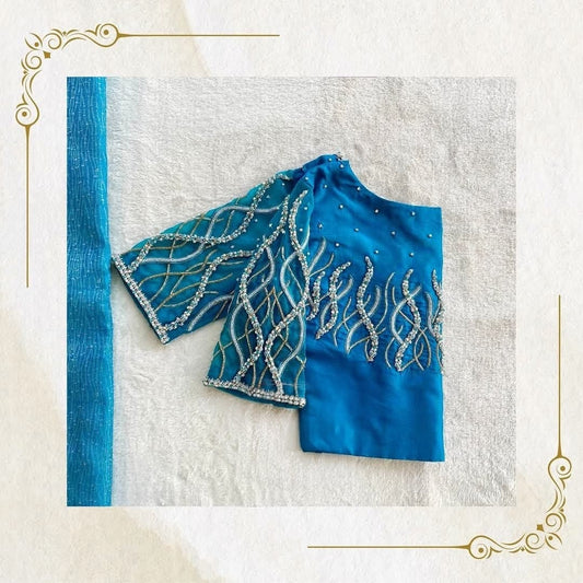 Teal Blue Hand-Embroidered Designer Blouse with Sheer Sleeves
