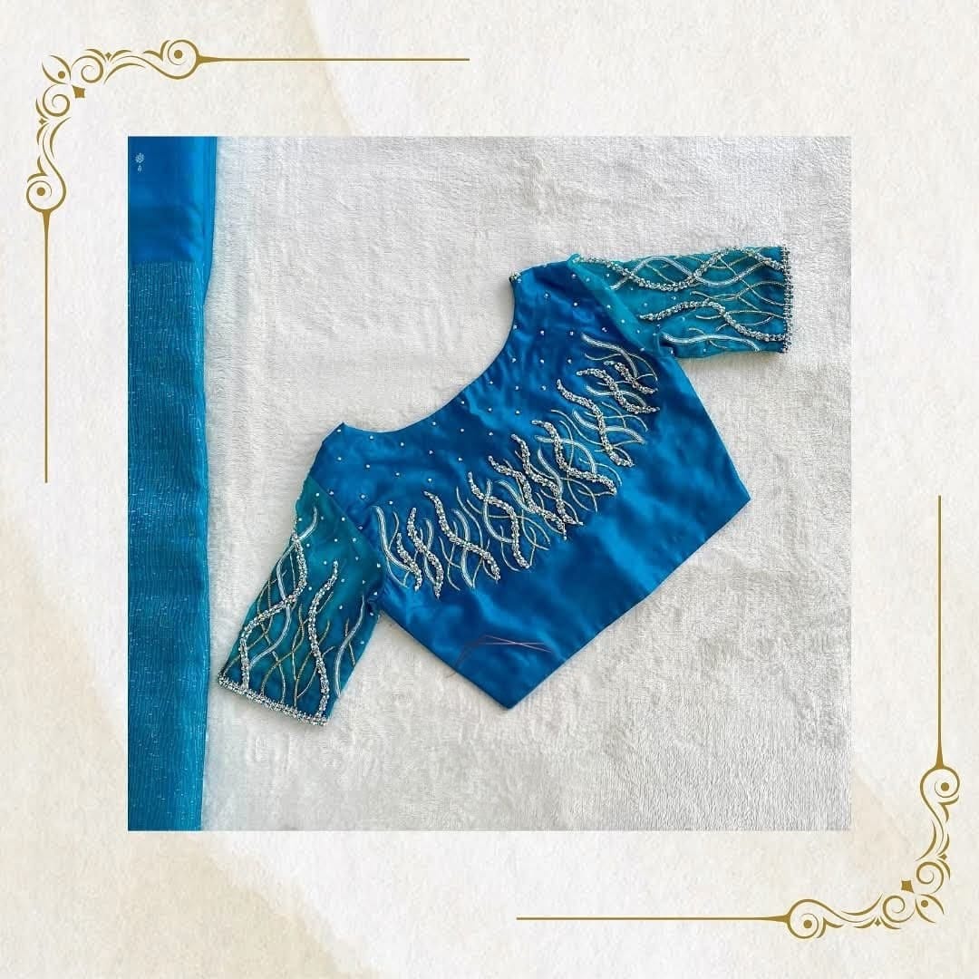 Teal Blue Hand-Embroidered Designer Blouse with Sheer Sleeves