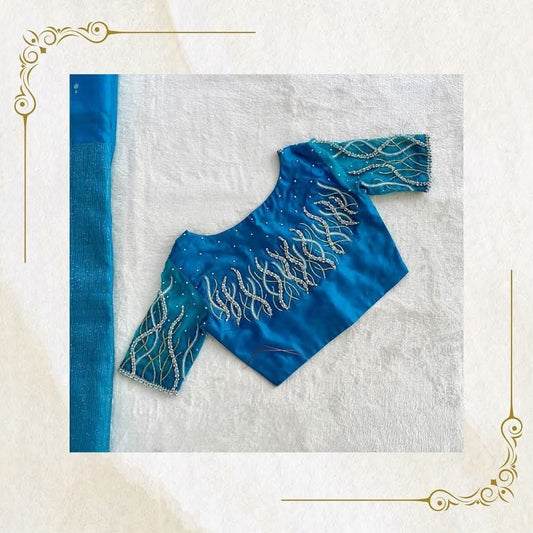 Teal Blue Hand-Embroidered Designer Blouse with Sheer Sleeves