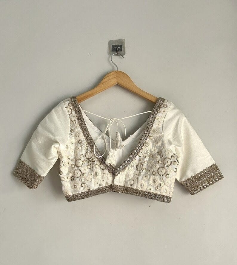Embroidered V-Neck Blouse with Elbow Sleeves & Tie-Up Back