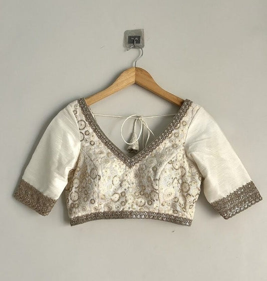 Embroidered V-Neck Blouse with Elbow Sleeves & Tie-Up Back