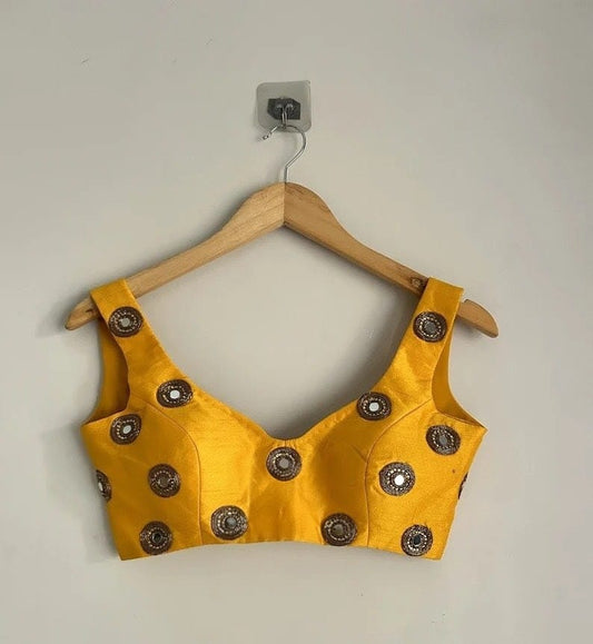 Mustard Mirror Work Sleeveless Designer Blouse
