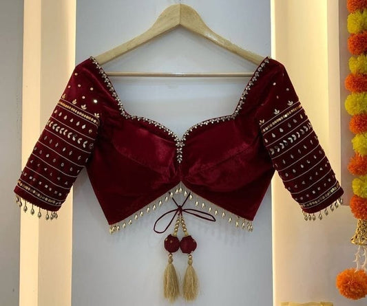 Maroon Silk Designer Blouse with Embroidered Sleeves & Tassel Tie-Up Back