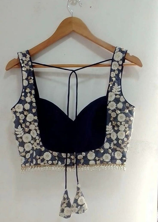 Navy Blue Floral Embroidered Blouse with Lace Border & Tie-Up Back