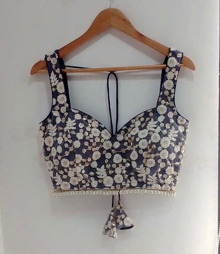 Navy Blue Floral Embroidered Blouse with Lace Border & Tie-Up Back