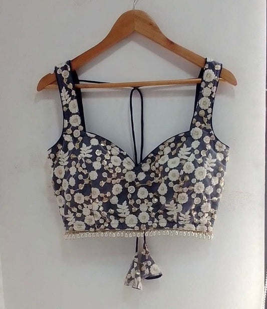Navy Blue Floral Embroidered Blouse with Lace Border & Tie-Up Back