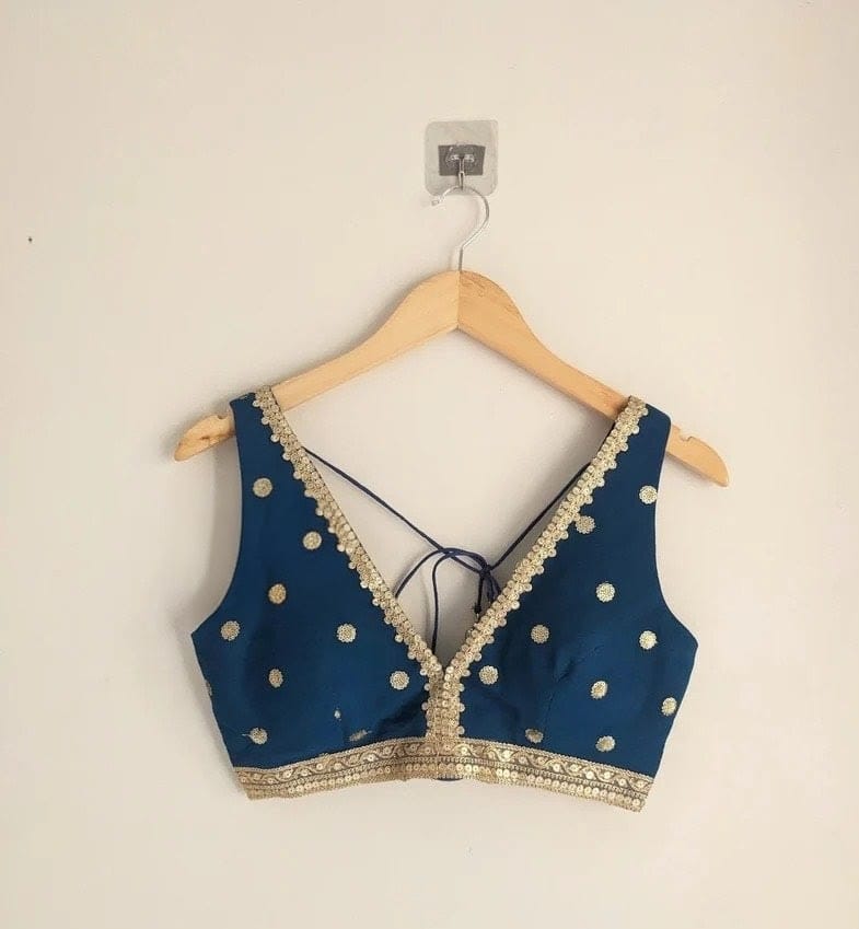 Teal Blue Silk Blouse with Gold Zari Border Detailing