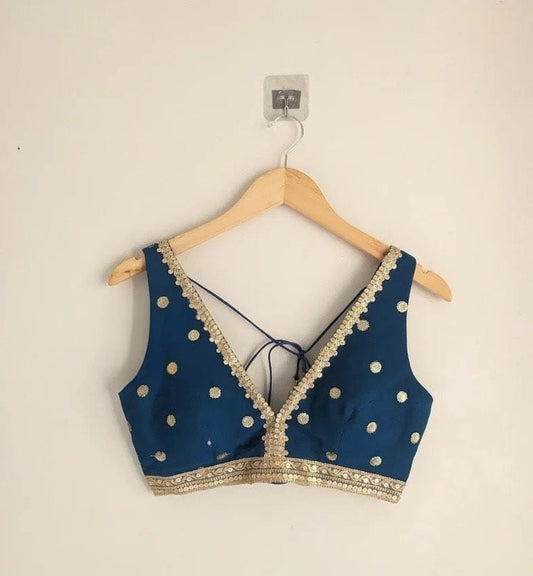 Teal Blue Silk Blouse with Gold Zari Border Detailing