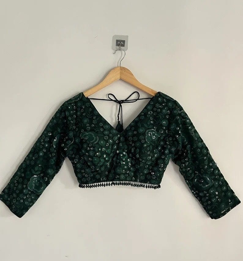 Emerald Green Sequin Embroidered Tie-Back Designer Blouse