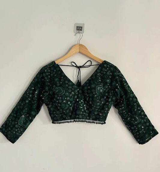 Emerald Green Sequin Embroidered Tie-Back Designer Blouse