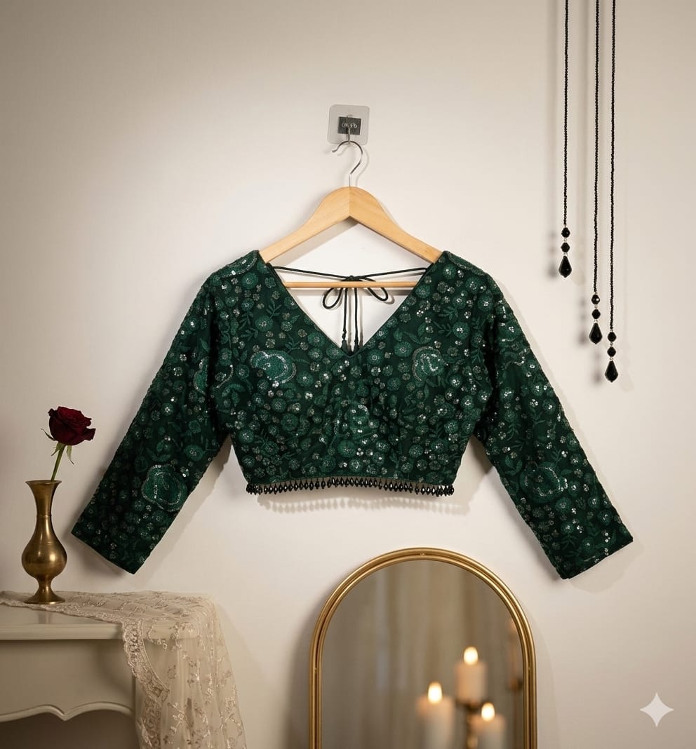 Emerald Green Sequin Embroidered Tie-Back Designer Blouse