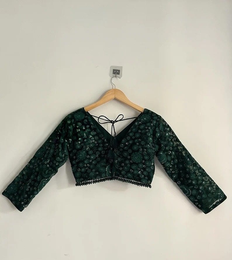 Emerald Green Sequin Embroidered Tie-Back Designer Blouse
