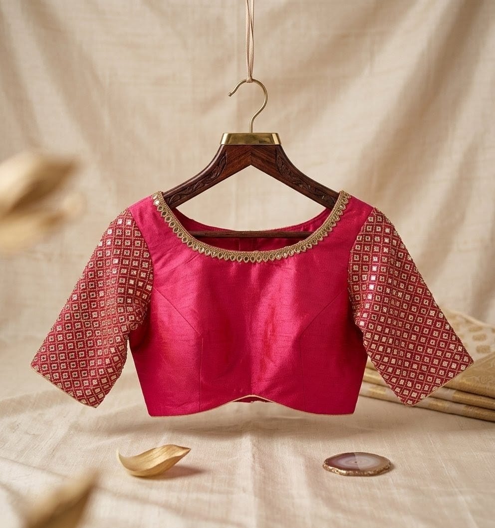Rani Pink Silk Blouse with Printed Sleeves & Gold Neckline Detailing