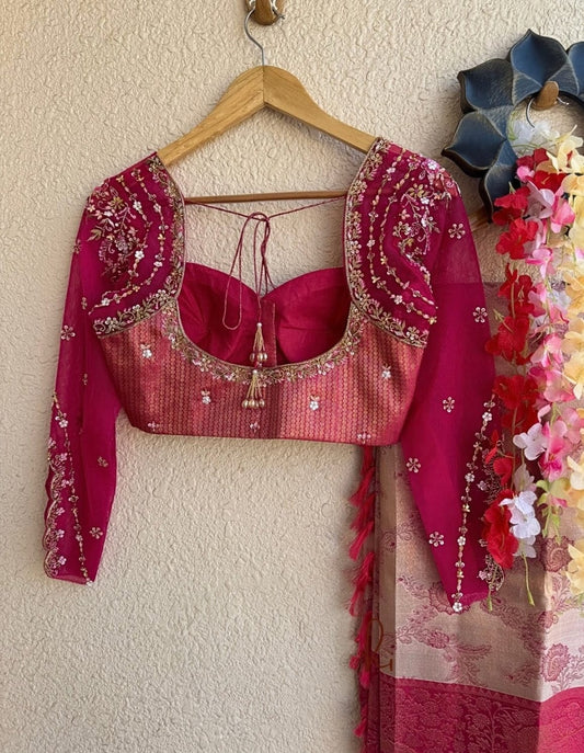 Rose Pink Brocade Blouse with Embroidered Sheer Sleeves & Tie-Up Back