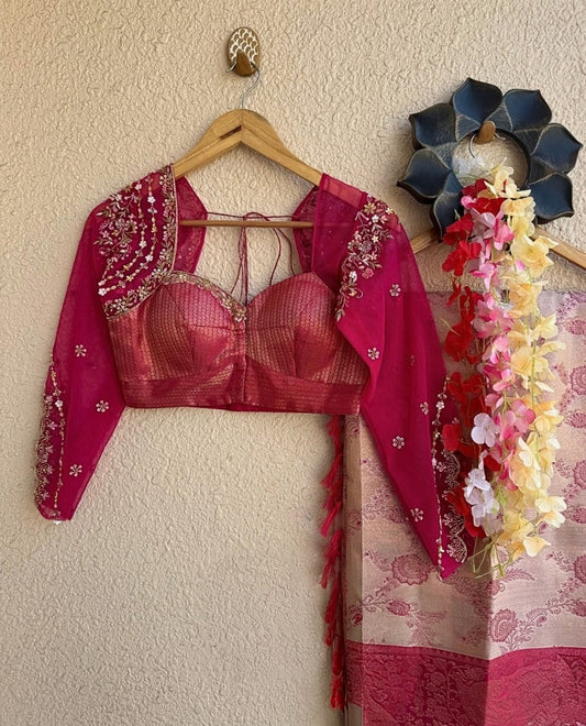 Rose Pink Brocade Blouse with Embroidered Sheer Sleeves & Tie-Up Back