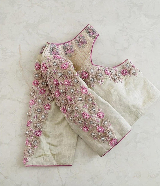 Ivory Silk Blouse with Handcrafted Pink Floral Embroidery & Elegant Cut-Out Back