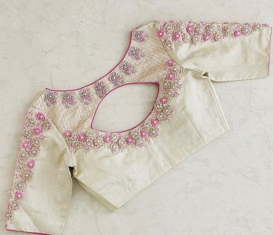 Ivory Silk Blouse with Handcrafted Pink Floral Embroidery & Elegant Cut-Out Back