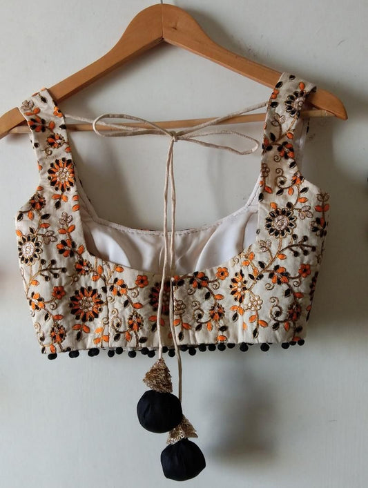 Black Fabric Tassel Latkan with Gold Embellished Cap Blouse