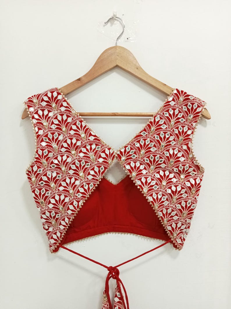 Stylish Red Mirror Work Designer Blouse | Sleeveless V-Back Party Wear Stitched Blouse