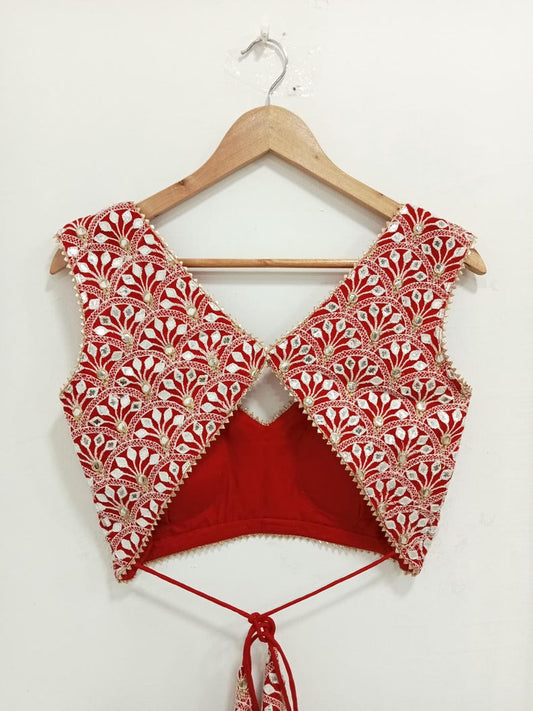 Stylish Red Mirror Work Designer Blouse | Sleeveless V-Back Party Wear Stitched Blouse
