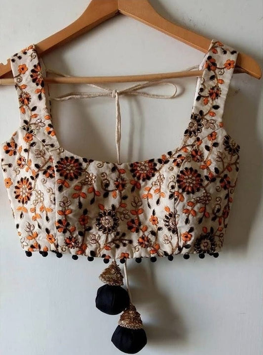 Black Fabric Tassel Latkan with Gold Embellished Cap Blouse