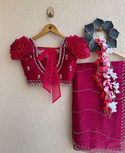 Rani Pink Puff Sleeve Designer Blouse with V-Neck & Tie-Up Back