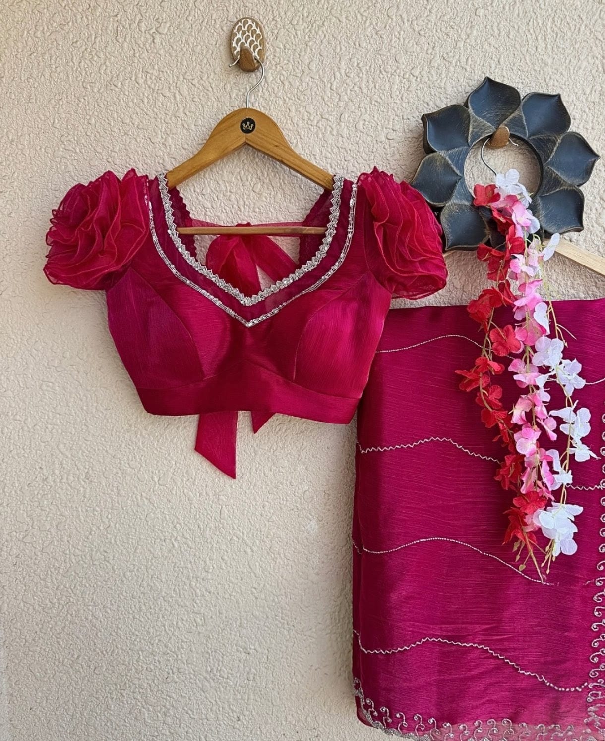 Rani Pink Puff Sleeve Designer Blouse with V-Neck & Tie-Up Back