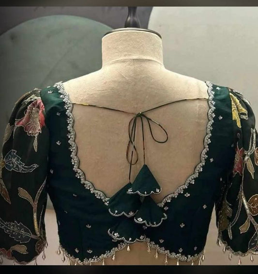 Bottle Green Embroidered Designer Blouse with Floral Sleeves & Scalloped Neckline