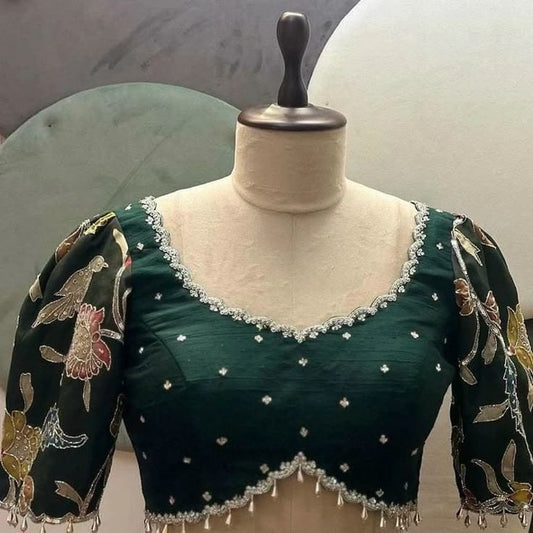 Bottle Green Embroidered Designer Blouse with Floral Sleeves & Scalloped Neckline