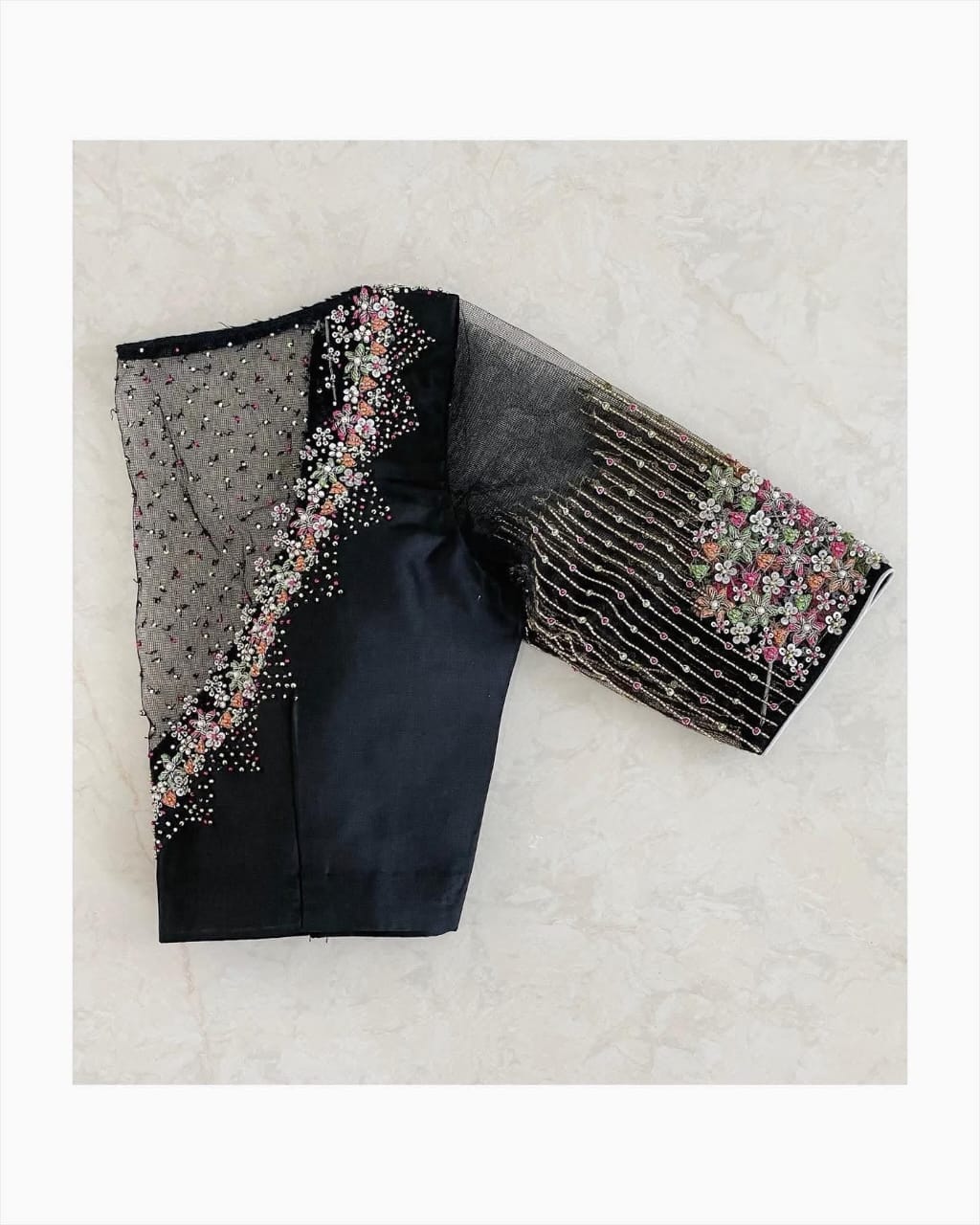 Black Sheer Net Embroidered Designer Blouse with Floral Sleeve Detailing