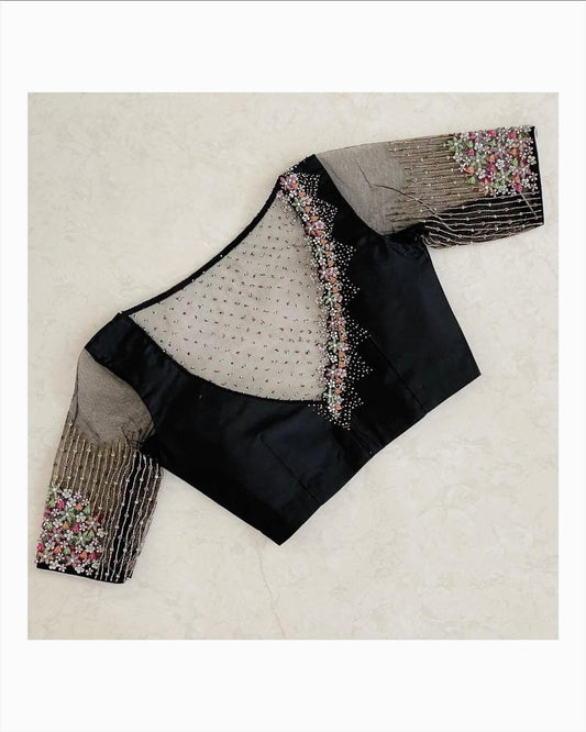 Black Sheer Net Embroidered Designer Blouse with Floral Sleeve Detailing