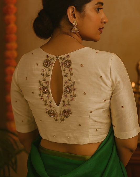 Ivory Embroidered Keyhole Back Designer Blouse