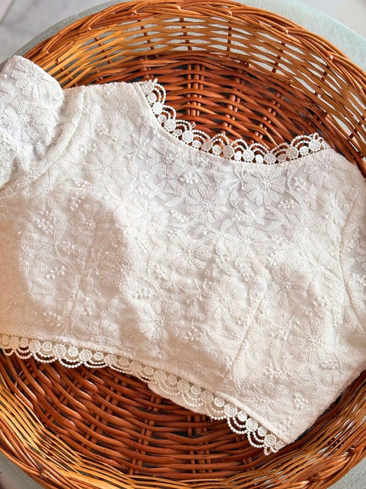 Elegant Off-White Embroidered Lace Blouse with Scalloped Neckline