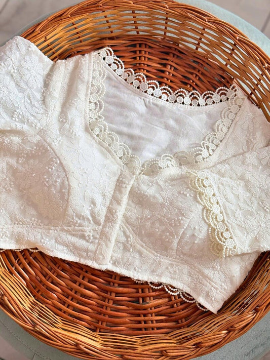 Elegant Off-White Embroidered Lace Blouse with Scalloped Neckline