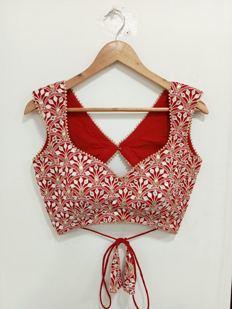 Stylish Red Mirror Work Designer Blouse | Sleeveless V-Back Party Wear Stitched Blouse