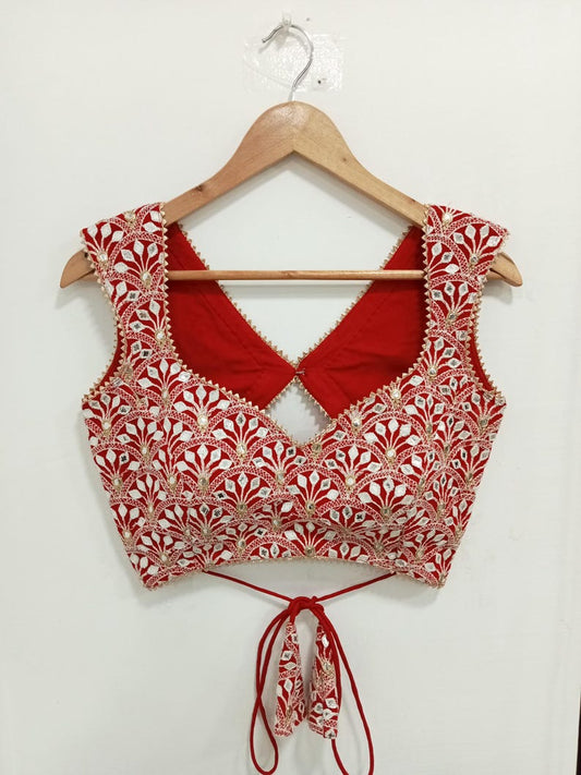 Stylish Red Mirror Work Designer Blouse | Sleeveless V-Back Party Wear Stitched Blouse