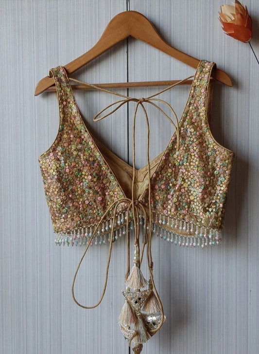 Golden Sequin Embroidered Designer Blouse with Tassel Tie-Up Back