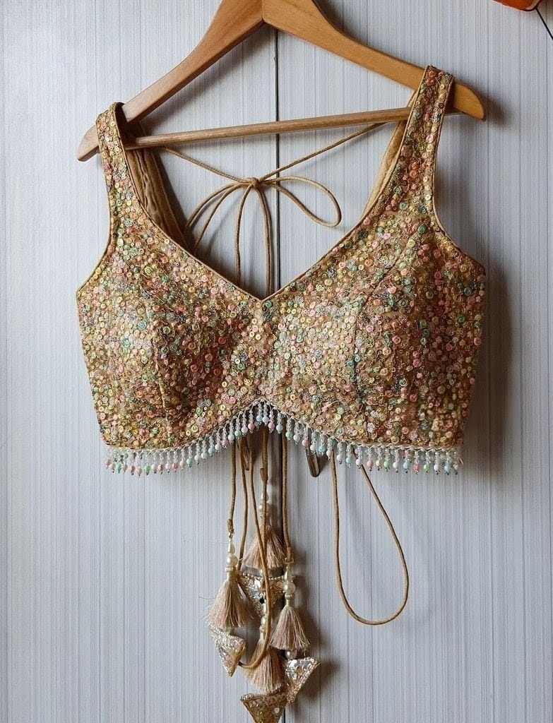 Golden Sequin Embroidered Designer Blouse with Tassel Tie-Up Back