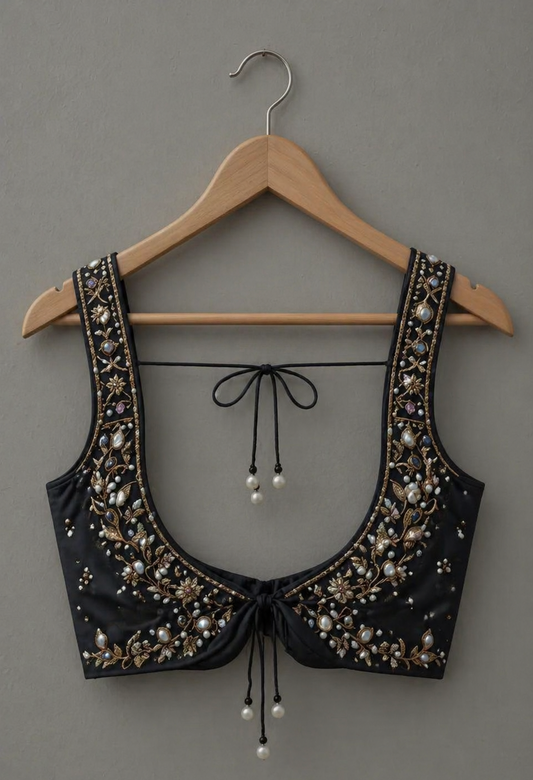 Elegant Black Embroidered Pearl & Stone Work Designer Blouse with Tie-Up Back