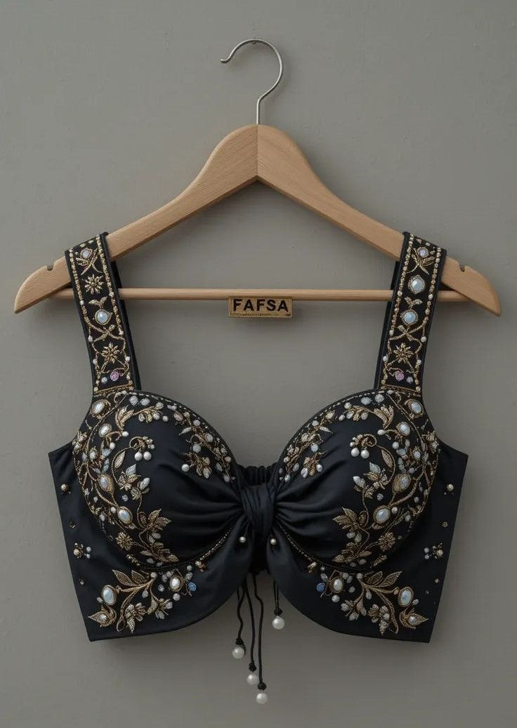Elegant Black Embroidered Pearl & Stone Work Designer Blouse with Tie-Up Back