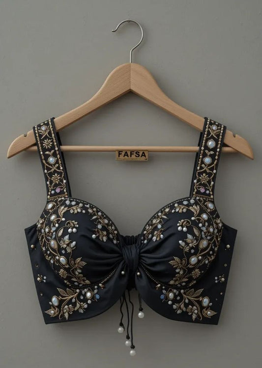 Elegant Black Embroidered Pearl & Stone Work Designer Blouse with Tie-Up Back