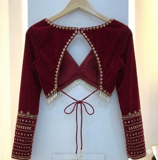 Wine Red Velvet Designer Blouse with V-Back & Tassel Detailing
