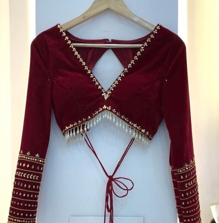 Wine Red Velvet Designer Blouse with V-Back & Tassel Detailing